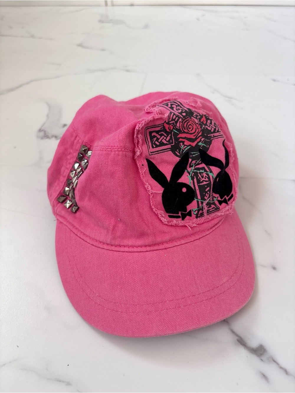Y2K Authentic Playboy Bunny Pink Cadet Hat Distressed Military Cap McBling OS